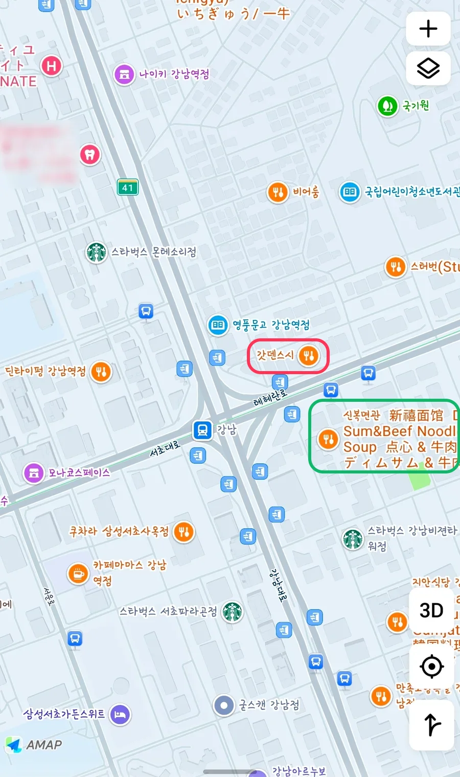 高徳地図に表示された江南駅一帯の店舗画面
