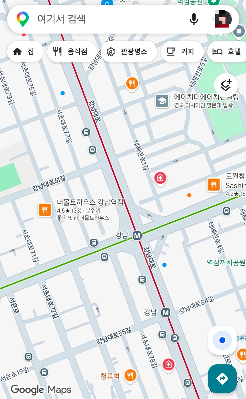 Googleマップに表示された江南駅一帯の店舗と評価の画面